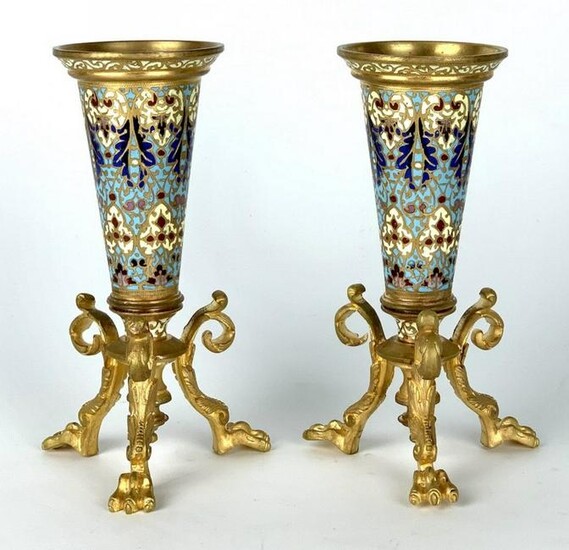 A PAIR OF FRENCH CHAMPLEVE ENAMEL VASES