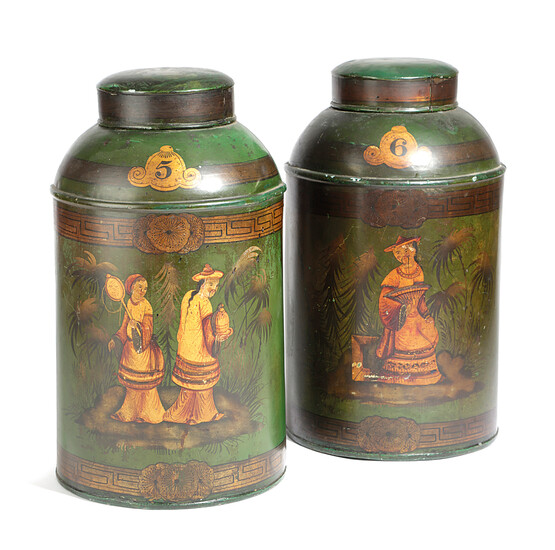 A PAIR OF GREEN JAPANNED TOLE TEA CANISTERS