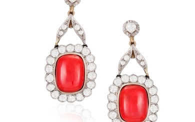 A PAIR OF MID 20TH CENTURY CORAL AND DIAMOND EARRINGS Each ...