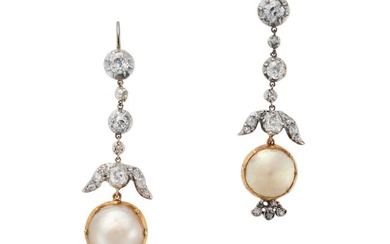 A PAIR OF NATURAL SALTWATER PEARL AND DIAMOND DROP EARRINGS each comprising a row of old cut