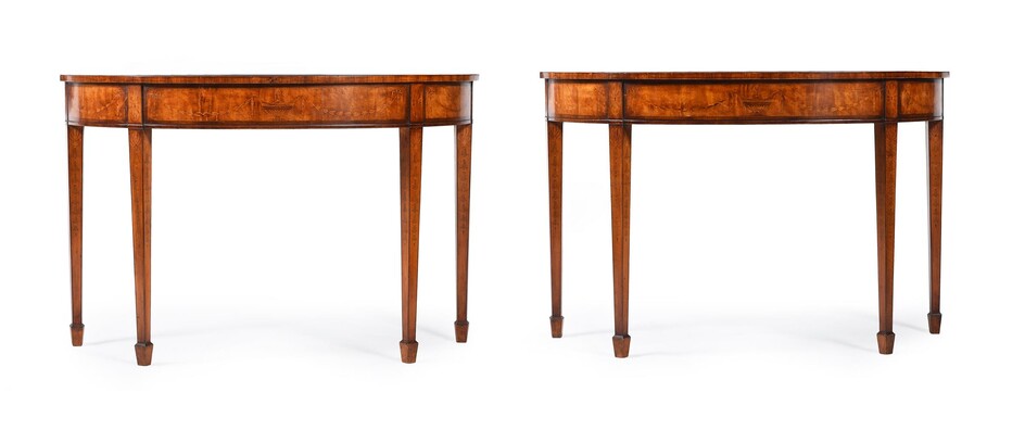 A PAIR OF SATINWOOD AND SPECIMEN MARQUETRY SEMI ELLIPTICAL SIDE TABLES, IN GEORGE III STYLE