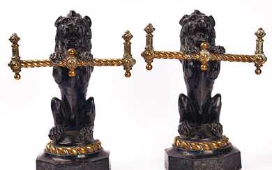 A PAIR OF VICTORIAN CAST IRON AND BRASS FIRE DOGS / TOOL RESTS