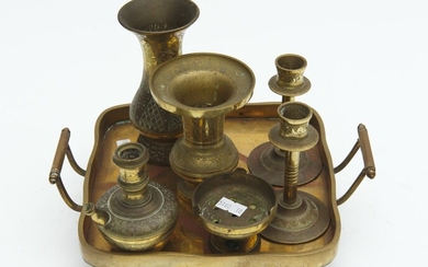 A PERSIAN BRASS HOOKAH AND SMOKERS SET WITH MATCHED CANDLESTICKS AND VASES, LEONARD JOEL DELIVERY SIZE: SMALL