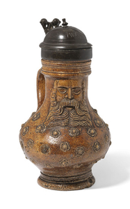 A PEWTER-MOUNTED GERMAN SALTGLAZED STONEWARE TANKARD AND COVER, 17TH CENTURY, POSSIBLY COLOGNE