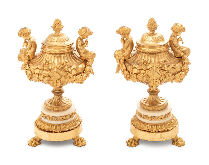 A Pair of Louis XV Style Gilt Bronze and White Marble Covered Urns