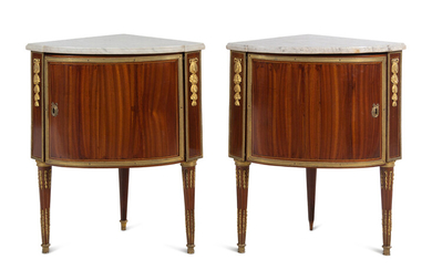 A Pair of Louis XVI Gilt Bronze Mounted Mahogany Marble-Top Encoignures by Charles Topino (French, 1742-1803)