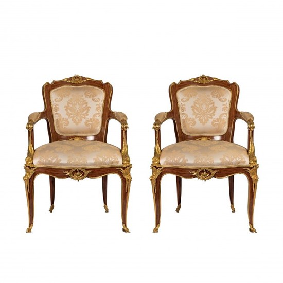 A Pair of Louis XVI Style Gilt-Bronze Mounted Chairs