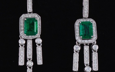 A Pair of Platinum Emerald and Diamond Earrings