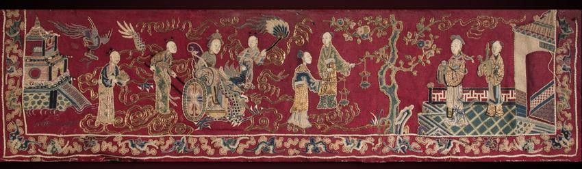 A RED COLOR EMBROIDERY SCREEN WITH FIGURE PATTERN