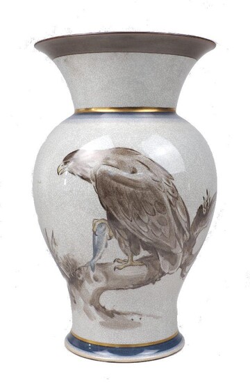 A Royal Copenhagen porcelain vase, of baluster form with flaring neck, and crackle glaze painted decoration of an eagle within painted horizontal bands, printed painted factory marks, with painted artist’s monogram and dated 16.9.37 to the...