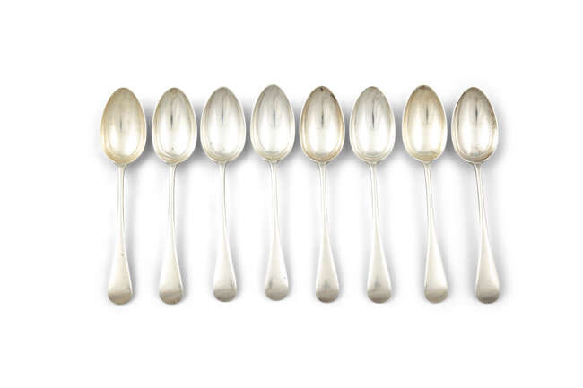 A SET OF EIGHT VICTORIAN SILVER DESSERT SPOONS,...
