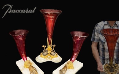 A SET OF THREE 19TH C. BACCARAT RUBY CRYSTAL BRONZE CENTERPIECE VASES