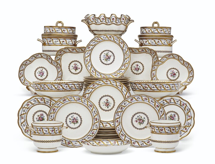 A SEVRES PORCELAIN PART DESSERT SERVICE, CIRCA 1780, BLUE INTERLACED L'S ENCLOSING DATE LETTER CC TO ALMOST ALL PIECES, VARIOUS PAINTER'S AND GILDER'S MARKS