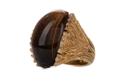 A TIGERS EYE AND DIAMOND RING