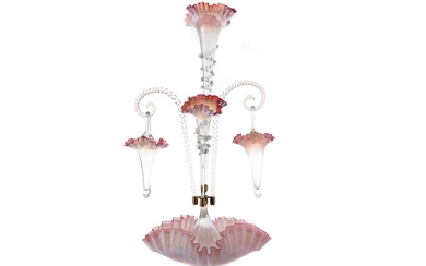 A VICTORIAN CRANBERRY AND OPALESCENT GLASS EPERGNE