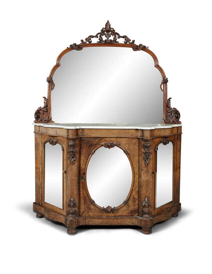 A VICTORIAN WALNUT CREDENZA, the top domed mirrored...