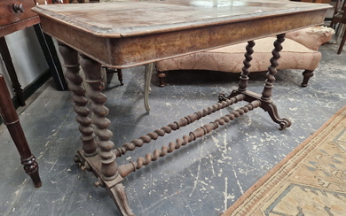 A VICTORIAN WALNUT SIDE TABLE WITH PAIRS OF BARLEY TWIST COLUMNS TO EACH NARROW END ON SCROLL LEGS
