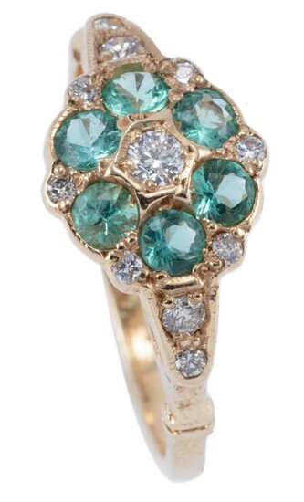 A VINTAGE EMERALD AND DIAMOND CLUSTER RING; featuring a cluster of round brilliant cut diamonds and round cut emeralds to shoulders...