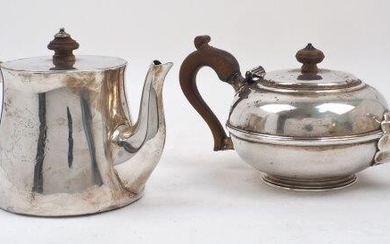 A William IV silver teapot, London, 1832, Robert Garrard II, of plain tapering form with armorial engraved to side (rubbed), the hinged lid with wooden finial to wooden handle, 13.2cm high, together with a George V silver teapot, London, 1914...