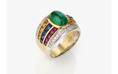 A band ring-like ring with emerald, sapphires and rubies
