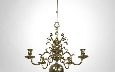 A brass chandelier, no 205, 5 candle holders, marked Skultuna, later part of the 20th century.