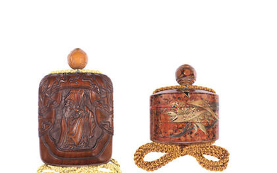 A carved wood two-case inro and a lacquer two-case inro