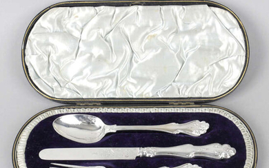 A cased Victorian silver christening set, comprising of a knife, fork and spoon.