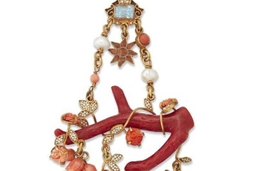 A coral, pearl and blue topaz pendant necklace, by Percossi Papi, the leather collar suspending a collet-set blue topaz with enamel framing to a coral branch entwined within seed pearl-studded leaves and carved coral flowerheads, a further coral...