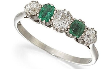 A diamond and emerald five stone ring, of...
