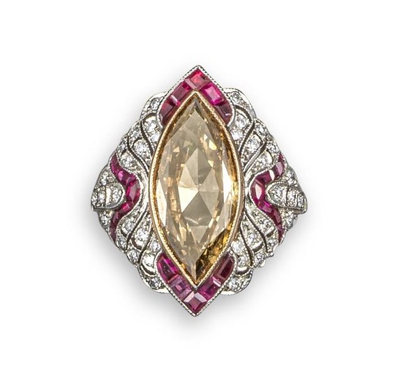 A fancy-coloured diamond and ruby cocktail ring, centred...