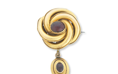 A gold and garnet brooch and pair of garnet pendent...
