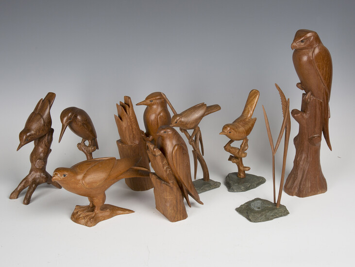 A group of eight mid/late 20th century carved wooden models of birds, each finely modelled specimen