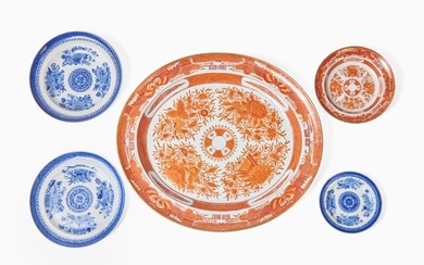 A group of five Chinese Export porcelain orange and blue "Fitzhugh" tablewares, circa 1800
