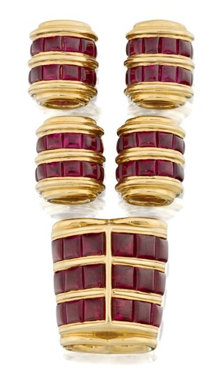 A group of five synthetic ruby set jewellery mounts, comprising a hinged slide set with buff-top calibre synthetic rubies, and four matching collars, unmarked (5)