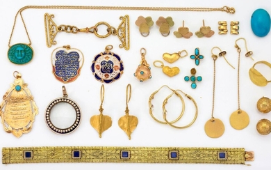 A group of jewellery, comprising: a gold and square-cut lapis lazuli set flexible bracelet, stamped 585, length 19cm, approximate gross weight 23.4g; a circular panel ring, unmarked, ring size K, approximate gross weight 6.9g; a pair of imitation...