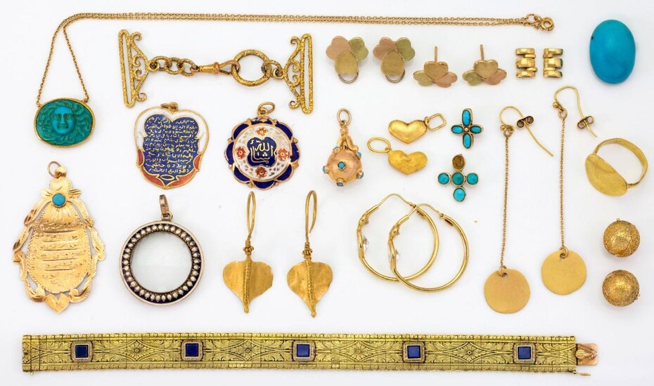 A group of jewellery, comprising: a gold and square-cut lapis lazuli set flexible bracelet, stamped 585, length 19cm, approximate gross weight 23.4g; a circular panel ring, unmarked, ring size K, approximate gross weight 6.9g; a pair of imitation...