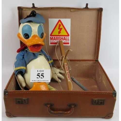 A large Donald Duck Pelham puppet in suitcase. Puppet 50cm t...