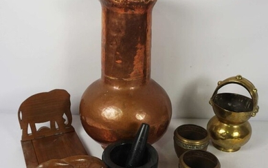 A large copper urn, 43cm high; together with a folding book stand, pestle & mortar and a small