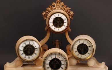 A late 19th century French alabaster mantel clock, the case ...