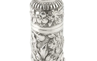 A late Victorian silver cylindrical scent bottle, embossed and engraved...