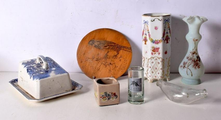 A miscellaneous collection of ceramics and glass; including a blue and white cheese dish, vase, etc.