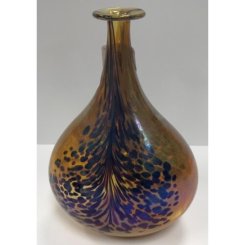 A mottled opalescent studio glass vase of onion form, signed...