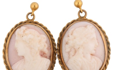 A pair of 9ct gold pink coral cameo earrings, relief carved ...