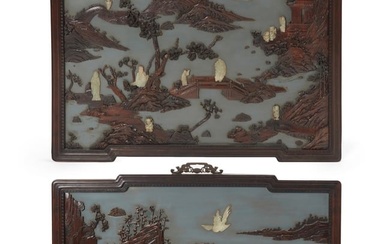 A pair of Chinese carved wood and hardstone landscape panels
