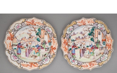 A pair of Chinese famille rose plates, c1780, richly enamell...