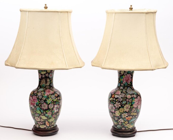 A pair of Chinese polychrome ceramic lamps, total …