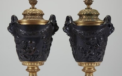 A pair of Louis XVI style gilt and patinated bronze