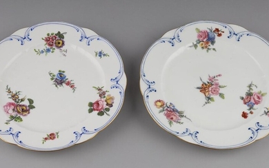 A pair of Sevres porcelain plates, each finely painted with garden flowers, 9 3/4 in. (24.8 cm.) d.