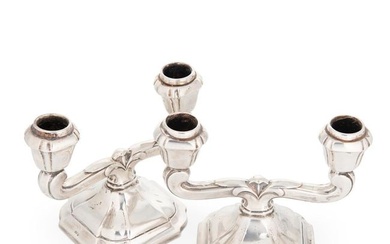 A pair of early 20th century German metalwares silver twin light library candlesticks
