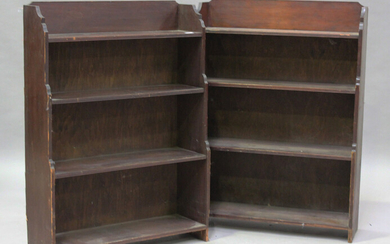 A pair of early 20th century stained pine open waterfall bookcases, height 107cm, width 68cm, depth